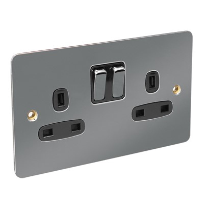 Flat Plate 13Amp 2 Gang Switched Socket Single Pole *Black Nicke - Click Image to Close
